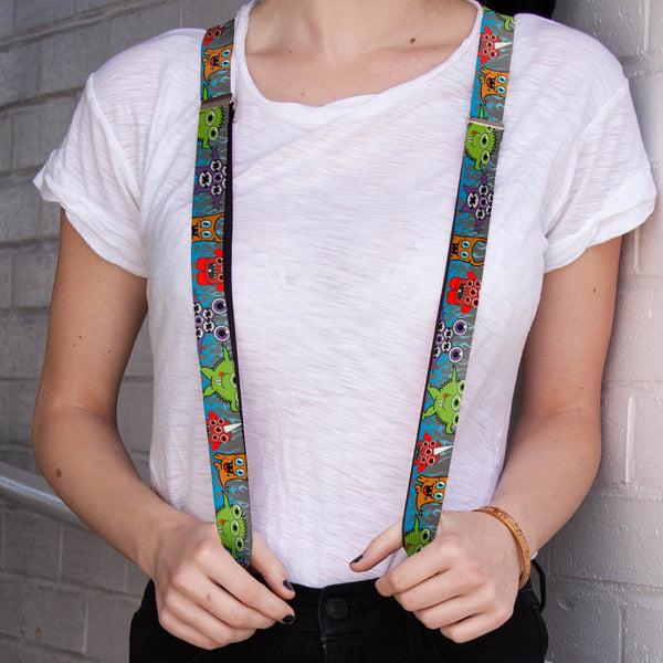 Buckle-Down Suspenders - 1.0" - Cute Monsters Gray/Flame Blue