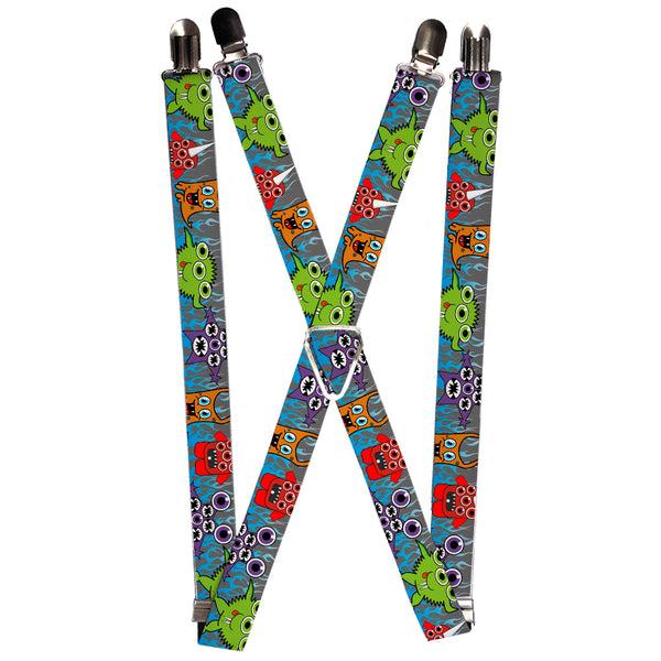 Buckle-Down Suspenders - 1.0" - Cute Monsters Gray/Flame Blue