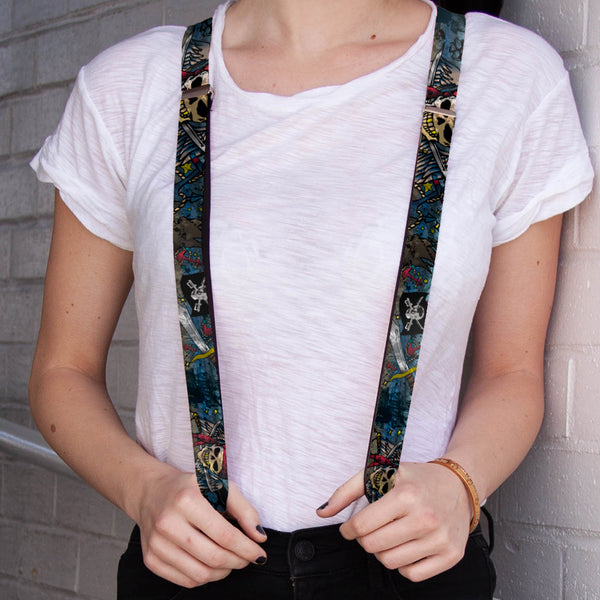 Buckle-Down Suspenders - 1.0" - Dead Men Tell No Tales CLOSE-UP Turquoise