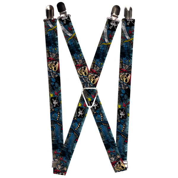 Buckle-Down Suspenders - 1.0" - Dead Men Tell No Tales CLOSE-UP Turquoise