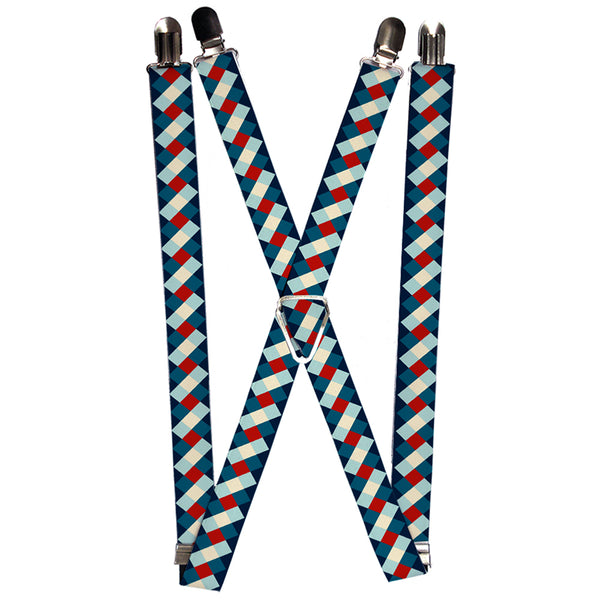 Buckle-Down Suspenders - 1.0" - Diamond Plaid Blues Khaki Red