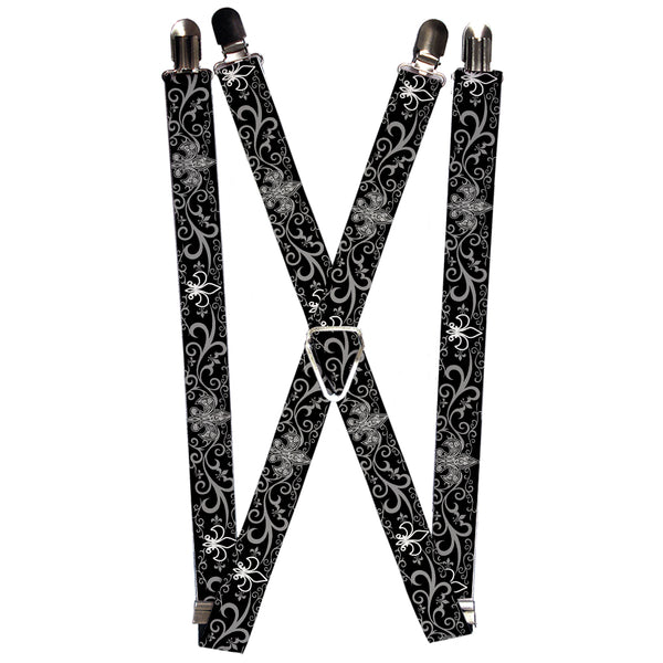 Buckle-Down Suspenders - 1.0" - Fleur-de-Lis w/Filigree Black/Gray