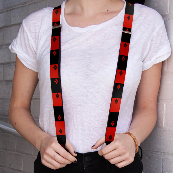 Buckle-Down Suspenders - 1.0" - Harley Quin Standing Pose Diamonds Black Red
