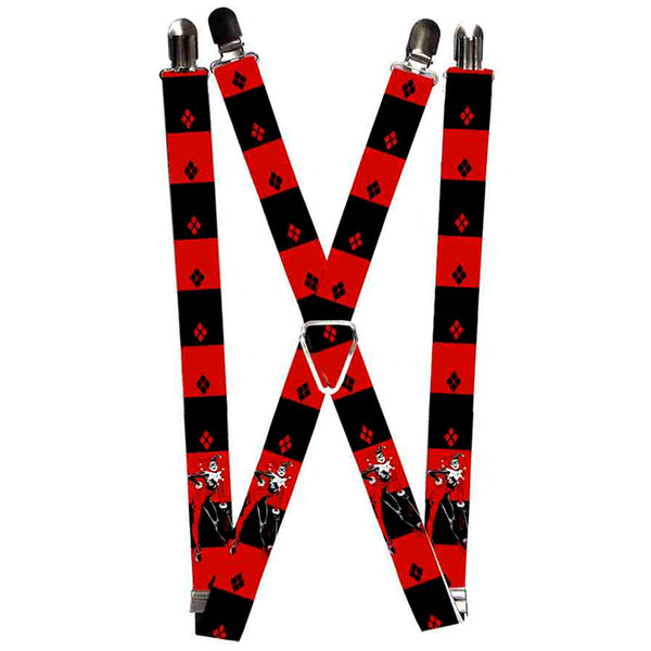 Buckle-Down Suspenders - 1.0" - Harley Quin Standing Pose Diamonds Black Red