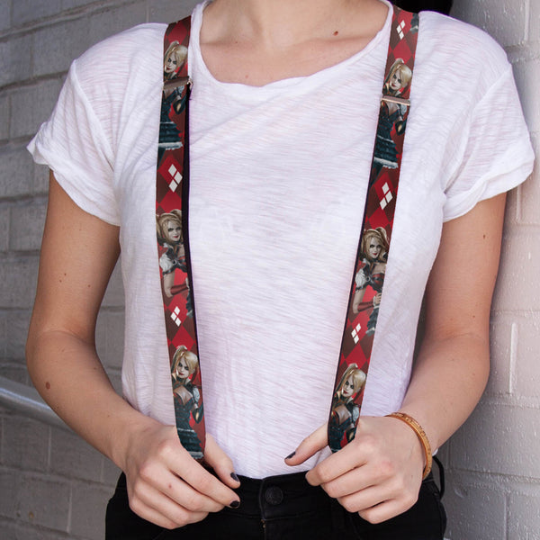 Buckle-Down Suspenders - 1.0" - Harley Quinn 2-Arkham Knight Poses Diamonds Reds White