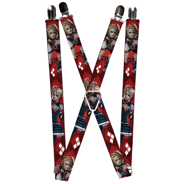 Buckle-Down Suspenders - 1.0" - Harley Quinn 2-Arkham Knight Poses Diamonds Reds White