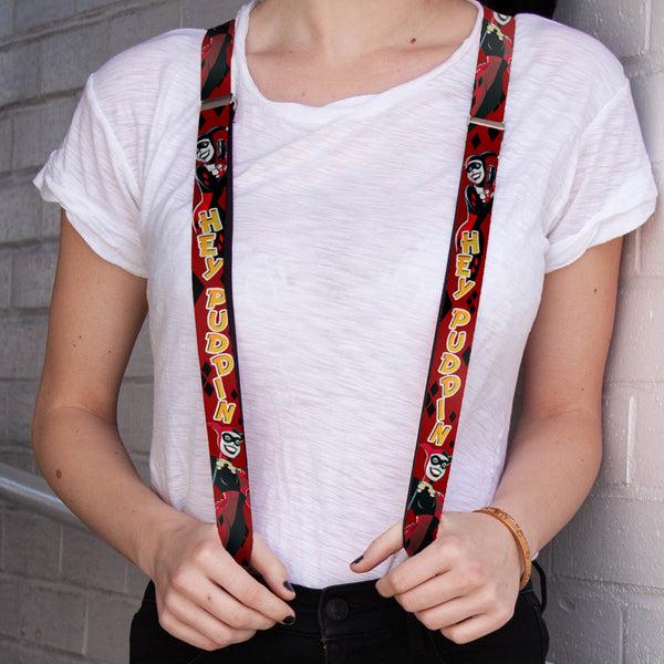 Buckle-Down Suspenders - 1.0" - Harley Quinn 2-Poses Diamonds HEY PUDDIN Red Black Orange