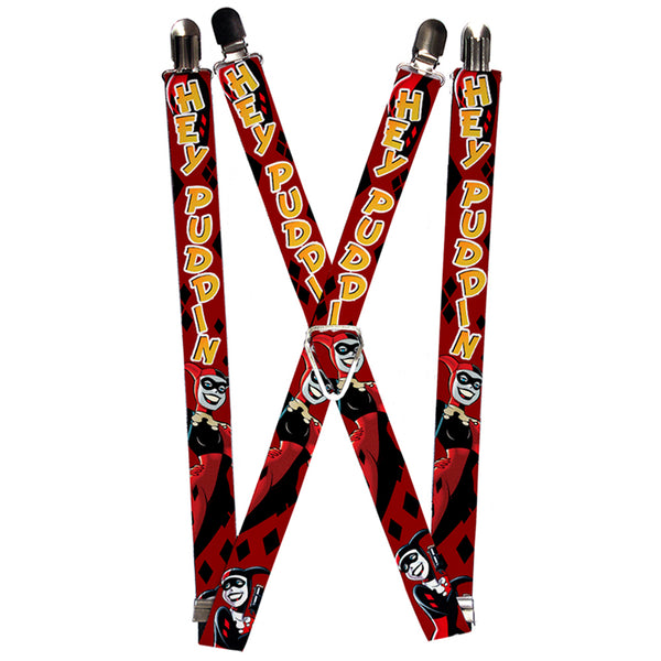 Buckle-Down Suspenders - 1.0" - Harley Quinn 2-Poses Diamonds HEY PUDDIN Red Black Orange