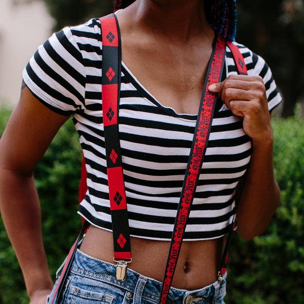 Buckle-Down Suspenders - 1.0" - Harley Quinn Diamond Blocks2 Red Black Black Red