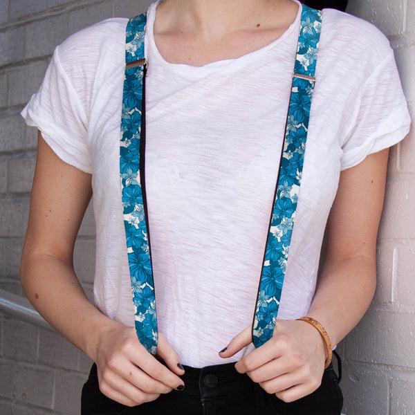 Buckle-Down Suspenders - 1.0" - Hibiscus Collage White/Blues