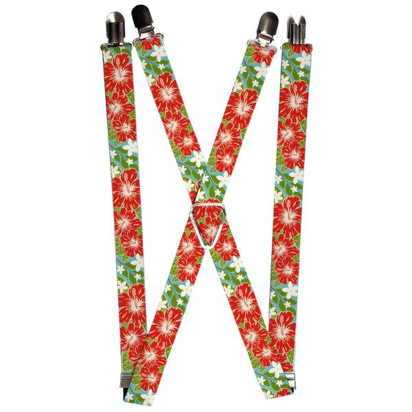 Buckle-Down Suspenders - 1.0" - Hibiscus & Plumerias Turquoise/Green/Red/White