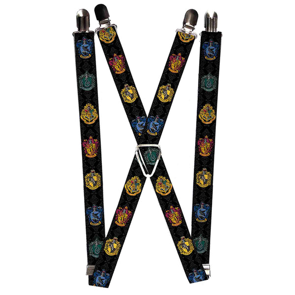 Buckle-Down Suspenders - 1.0" - Hogwarts & 4-House Crests Filigree Black Gray
