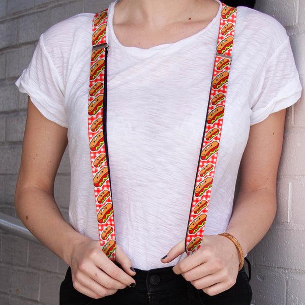 Buckle-Down Suspenders - 1.0" - Hot Dogs Buffalo Plaid White/Red