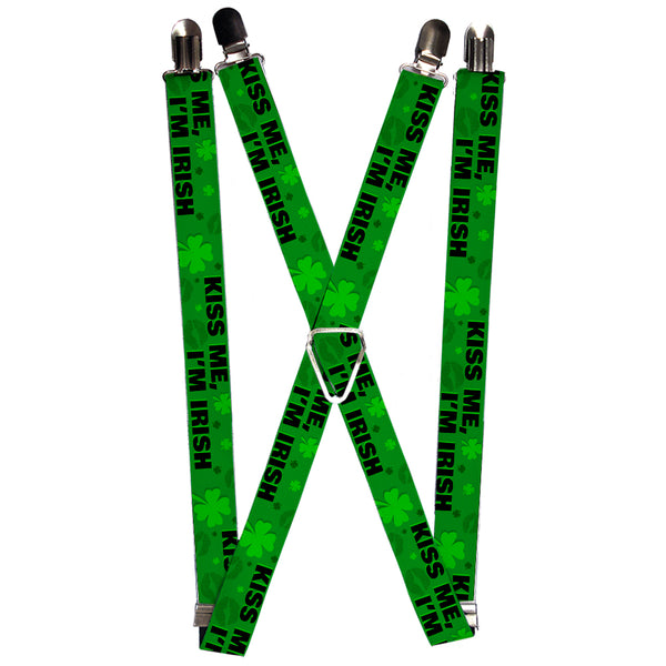 Buckle-Down Suspenders - 1.0" - KISS ME I'M IRISH Clovers/Kisses Greens/Black