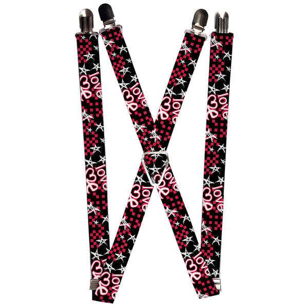 Buckle-Down Suspenders - 1.0" - Love Me w/Sketch Stars & Checkers Black/Fuchsia/White