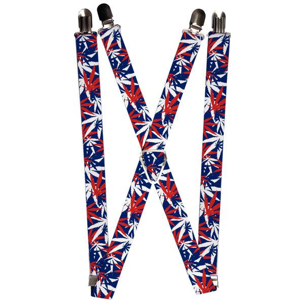 Buckle-Down Suspenders - 1.0" - Marijuana Leaves Stacked2 Blue/White/Red