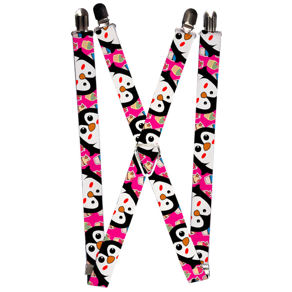 Buckle-Down Suspenders - 1.0" - Penguins w/Cupcakes Fuchsia/Multi Color