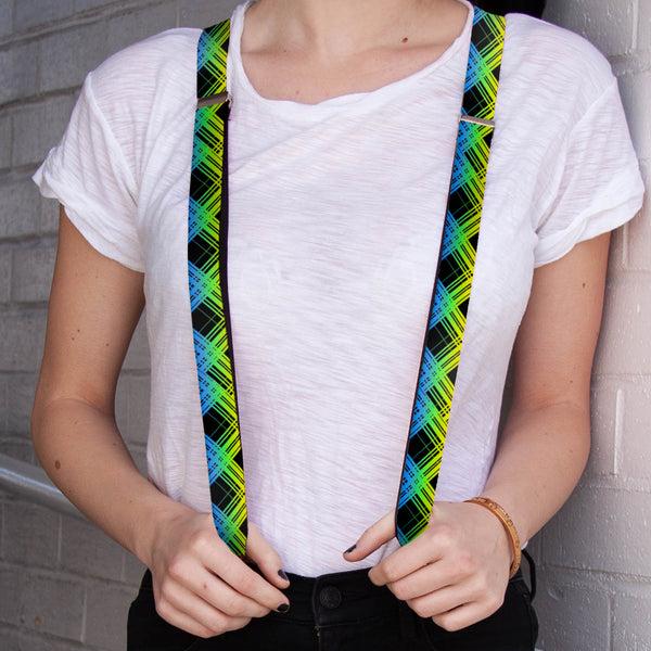 Buckle-Down Suspenders - 1.0" - Plaid X Gradient Black/Orange/Green/Blue