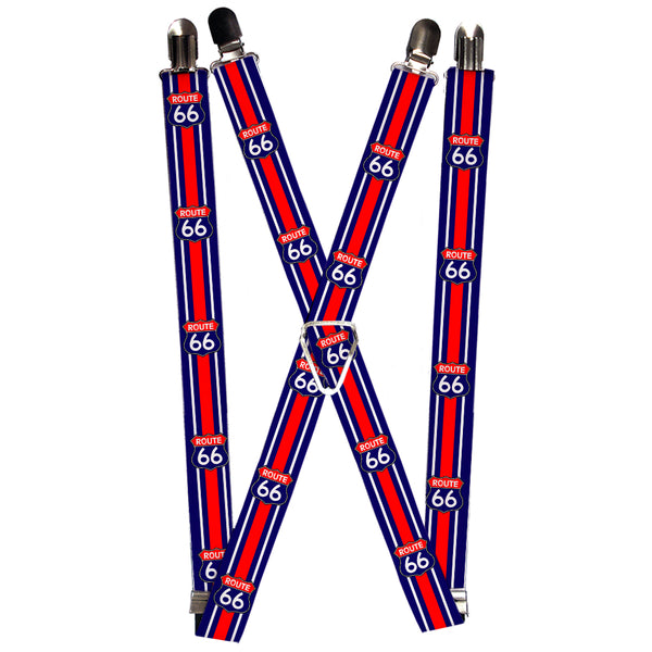 Buckle-Down Suspenders - 1.0" - ROUTE 66 Highway Sign/Stripe Blue/White/Red