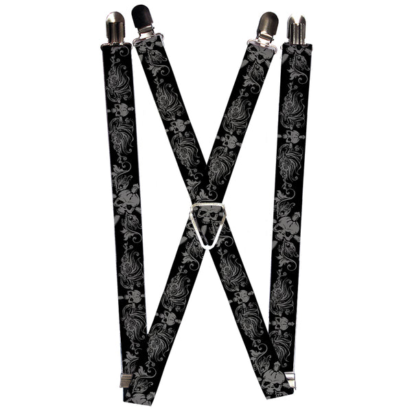 Buckle-Down Suspenders - 1.0" - Skull & Dagger w/Filigree Black/Gray