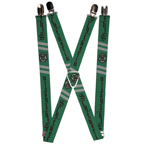 Buckle-Down Suspenders - 1.0" - SLYTHERIN Badge 2-Stripe Green Gray Black