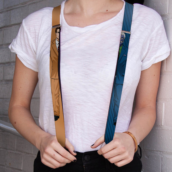 Buckle-Down Suspenders - 1.0" - Split Poses Harvey Dent Brown + Two-Face Pinstripe Blue Black