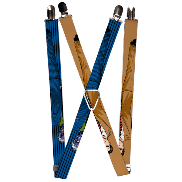 Buckle-Down Suspenders - 1.0" - Split Poses Harvey Dent Brown + Two-Face Pinstripe Blue Black
