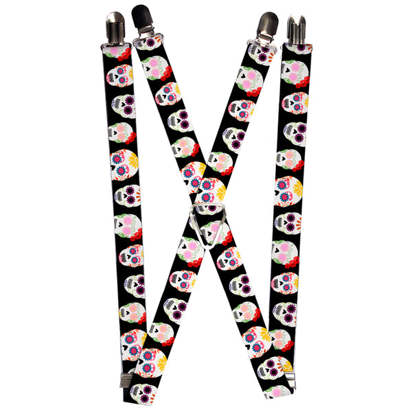 Buckle-Down Suspenders - 1.0" - Staggered Sugar Skulls Black/Multi Color