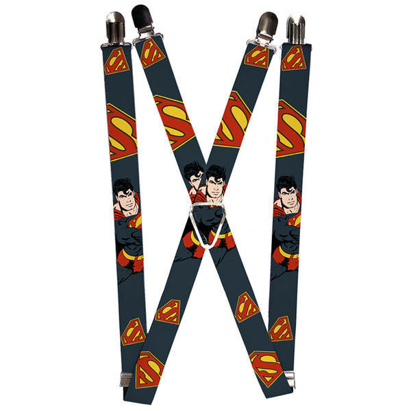 Buckle-Down Suspenders - 1.0" - Superman Action Pose Scattered Shield Navy Gold Red