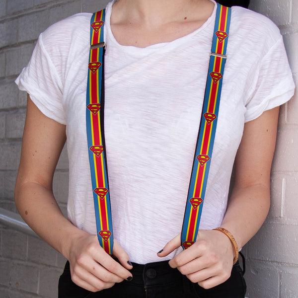 Buckle-Down Suspenders - 1.0" - Superman Shield Stripe Blue Yellow Red