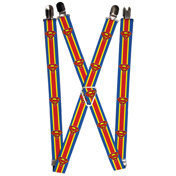 Buckle-Down Suspenders - 1.0" - Superman Shield Stripe Blue Yellow Red