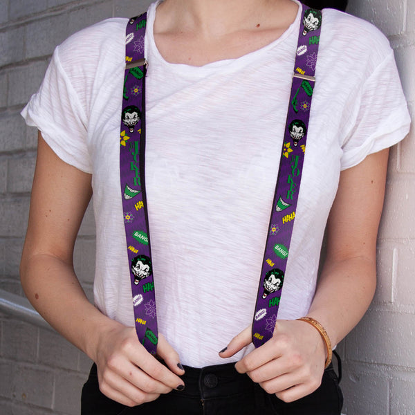 Buckle-Down Suspenders - 1.0" - THE JOKER Face Elements Collage Purple Green Yellow White