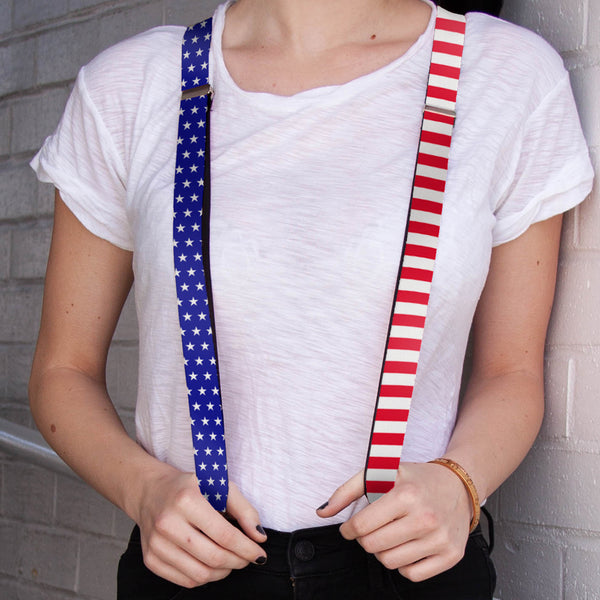 Buckle-Down Suspenders - 1.0" - United States Flag Split Stars Blue/White + Stripes Red/White