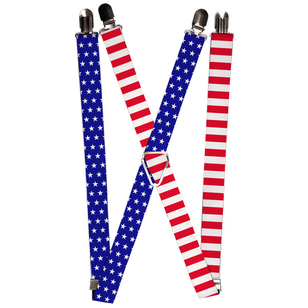 Buckle-Down Suspenders - 1.0" - United States Flag Split Stars Blue/White + Stripes Red/White