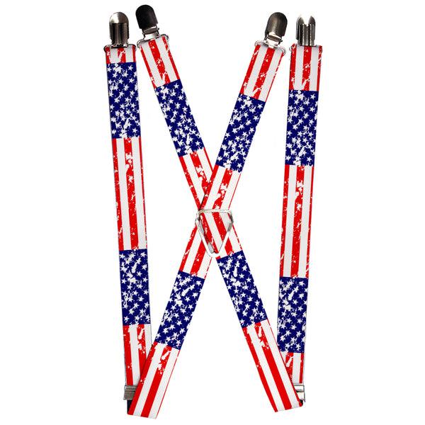 Buckle-Down Suspenders - 1.0" - United States Flags CLOSE-UP Weathered