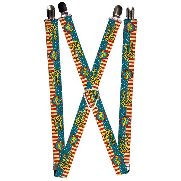 Buckle-Down Suspenders - 1.0" - WONDER WOMAN Logo Americana Red White Blue Yellow