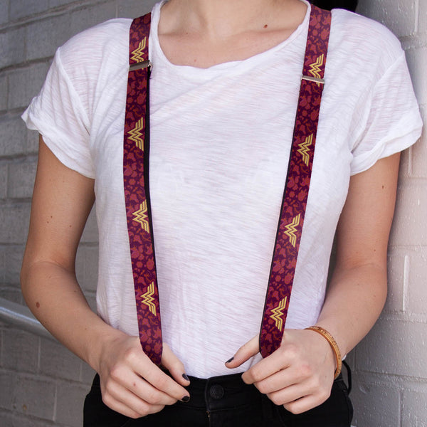 Buckle-Down Suspenders - 1.0" - Wonder Woman Logo Floral Collage Purple Pinks Gold