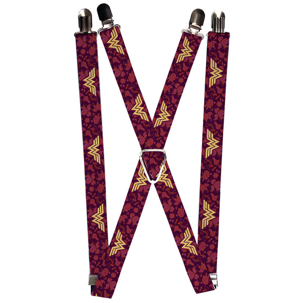 Buckle-Down Suspenders - 1.0" - Wonder Woman Logo Floral Collage Purple Pinks Gold