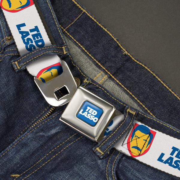 Buckle-Down TED LASSO Title Logo Full Color Blue/White Seatbelt Belt - TED LASSO Icon And Text White/Blue/Red/Yellow Webbing