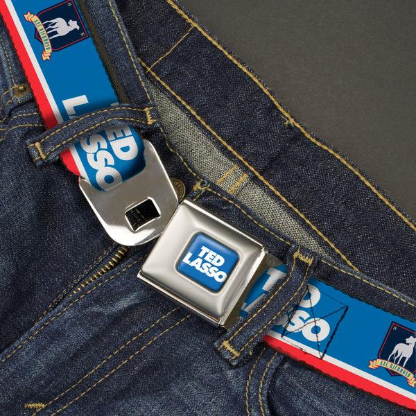 Buckle-Down TED LASSO Title Logo Full Color Blue/White Seatbelt Belt - TED LASSO And AFC Richmond Logo Blues/White/Red Webbing