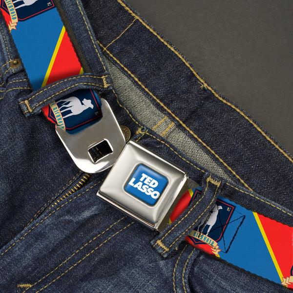 Buckle-Down TED LASSO Title Logo Full Color Blue/White Seatbelt Belt - Ted Lasso AFC Richmond Logo Stripe Blue/Yellow/Red Webbing