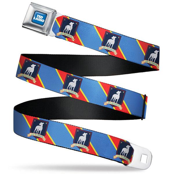 Buckle-Down TED LASSO Title Logo Full Color Blue/White Seatbelt Belt - Ted Lasso AFC Richmond Logo Stripe Blue/Yellow/Red Webbing