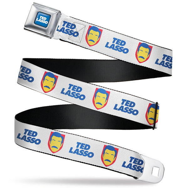 Buckle-Down TED LASSO Title Logo Full Color Blue/White Seatbelt Belt - TED LASSO Icon and Text White/Blue/Red/Yellow Webbing