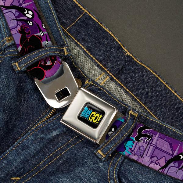 Buckle-Down TEEN TITANS GO Full Color Black Blue Yellow Seatbelt Belt - RAVEN/Trigon/Ghosts Cemetery Poses Purples Webbing