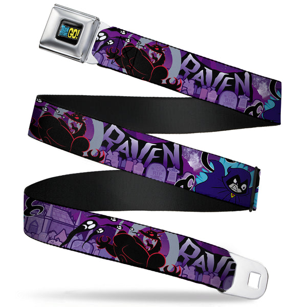 Buckle-Down TEEN TITANS GO Full Color Black Blue Yellow Seatbelt Belt - RAVEN/Trigon/Ghosts Cemetery Poses Purples Webbing