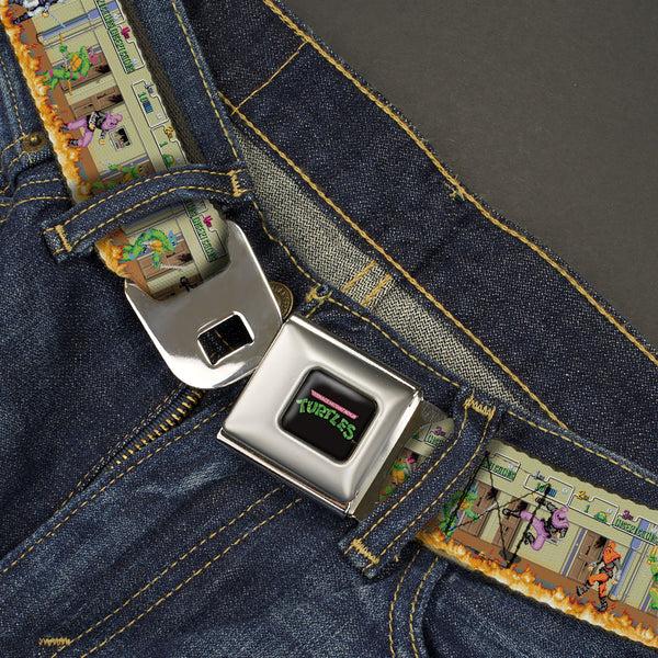 Buckle-Down TEENAGE MUTANT NINJA TURTLES Logo Full Color Black Seatbelt Belt - Teenage Mutant Ninja Turtles Battle Foot Soldiers Ninjas Arcade Scene Tan Webbing