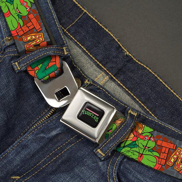 Buckle-Down TEENAGE MUTANT NINJA TURTLES Logo Full Color Black Seatbelt Belt - Ninja Turtles TMNT Icons Logo And Group Pose Webbing