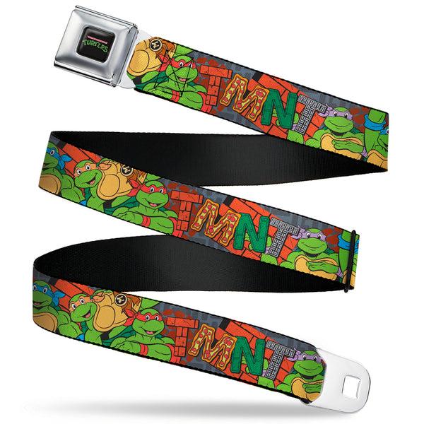 Buckle-Down TEENAGE MUTANT NINJA TURTLES Logo Full Color Black Seatbelt Belt - Ninja Turtles TMNT Icons Logo and Group Pose Webbing