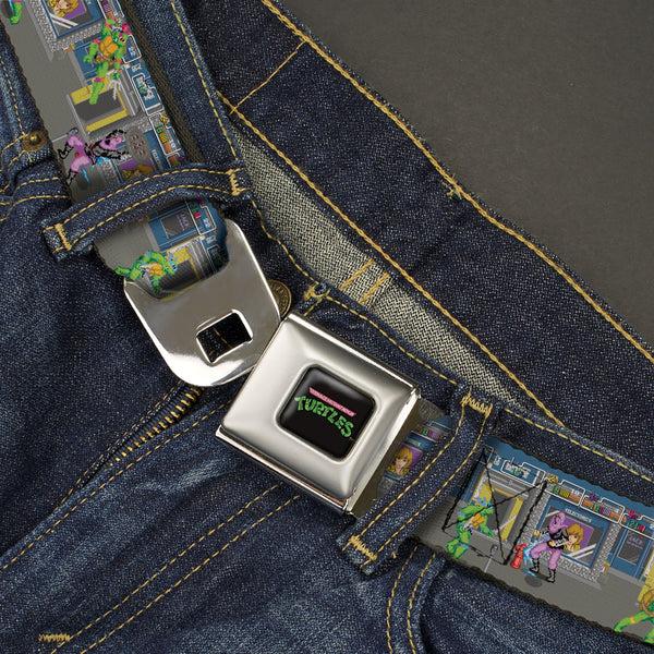 Buckle-Down TEENAGE MUTANT NINJA TURTLES Logo Full Color Black Seatbelt Belt - Teenage Mutant Ninja Turtles Battle Purple Foot Soldier Ninja Arcade Scene Grays Webbing