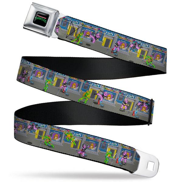 Buckle-Down TEENAGE MUTANT NINJA TURTLES Logo Full Color Black Seatbelt Belt - Teenage Mutant Ninja Turtles Battle Purple Foot Soldier Ninja Arcade Scene Grays Webbing